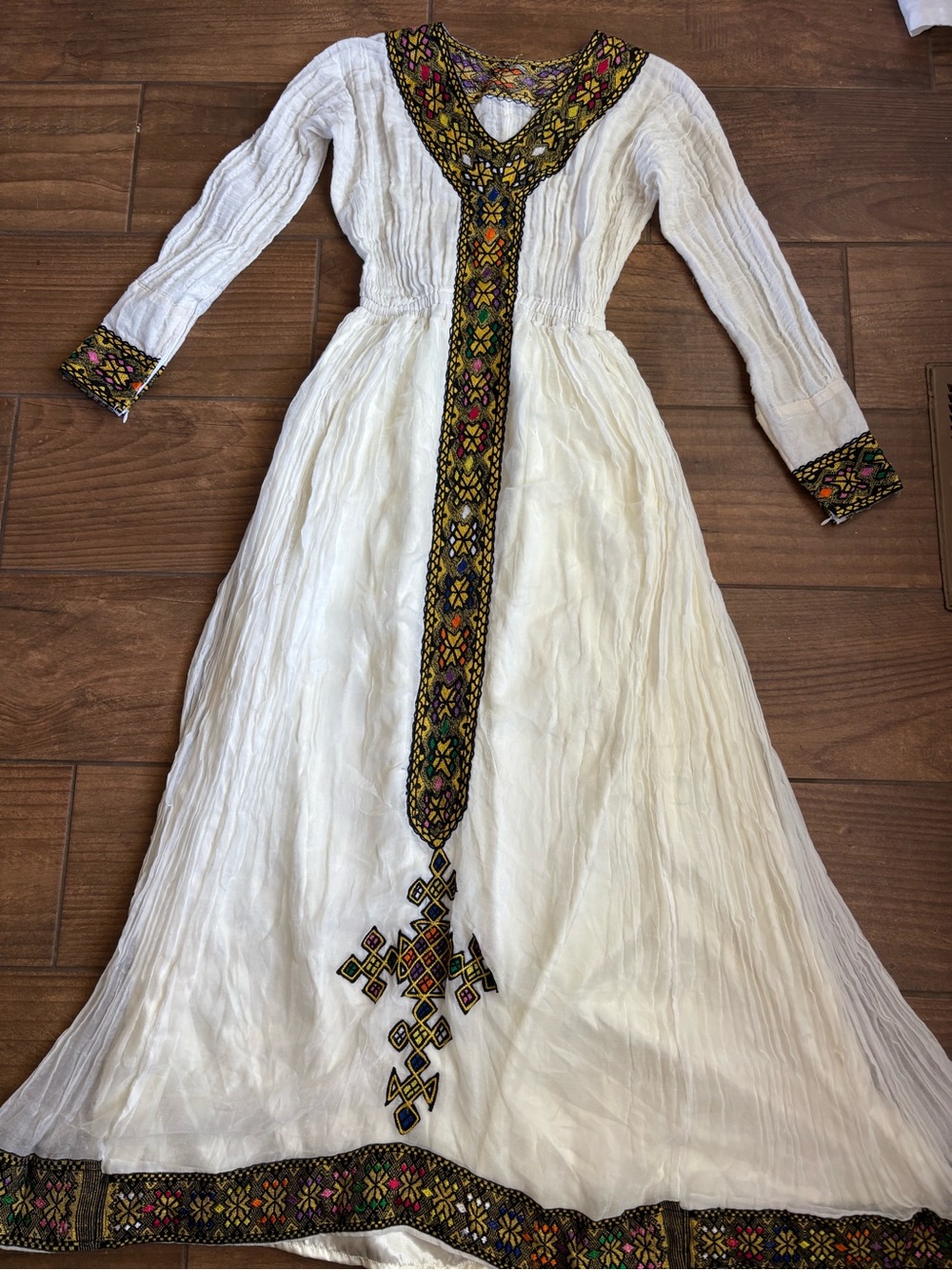 Vintage Ethiopian Habesha Kemis White Gauze Embroidered Maxi Dress